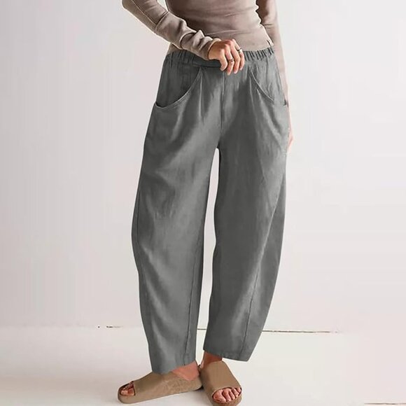 Women’s Wide Leg Barrel Pull-On Pants, Size Large, Linen Blend, Boho, Casual - Picture 1 of 6